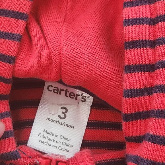 Carter's Red Blue Striped Baby Boys Hooded Jacket with Ears 3 Month - Picture 2 of 2